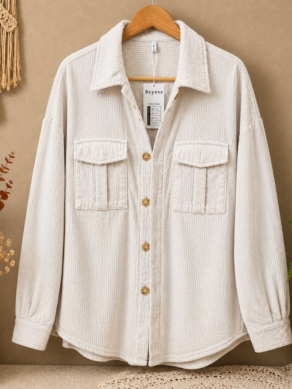 Beyove NWT Oversized Corduroy Shacket Winter White Cream Size L